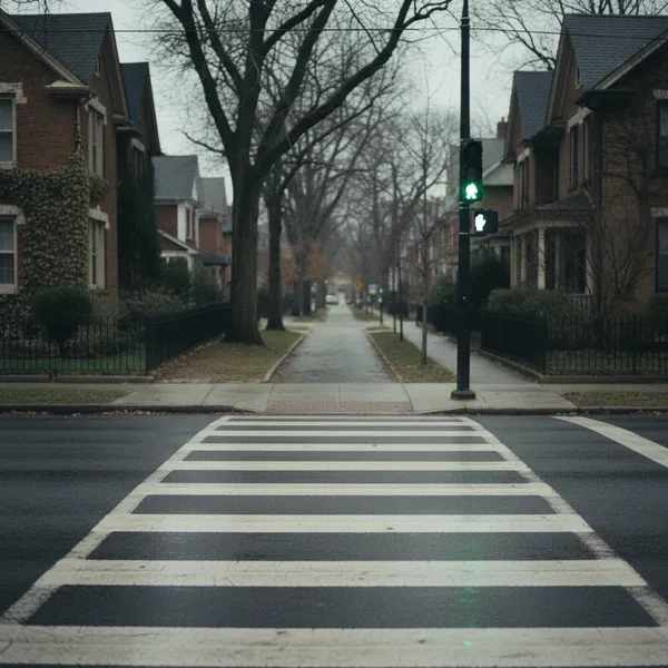 A pedestrian crossing on a quiet street