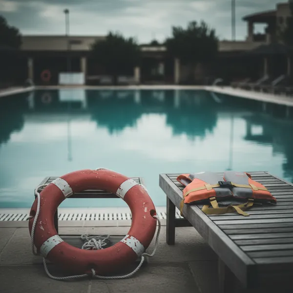 A life-buoy and a child's life vest beside a pool